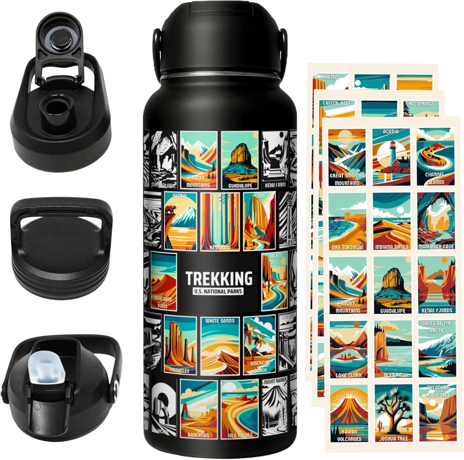 Original 32oz National Parks Water Bottle with 63 Waterproof/Tear Resistance Stickers & 3 Lids (Straw, Spout, & Chug)- Hiking Water Bottle for Traveling, Hiking, Camping, National Park Gifts