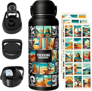 Original 32oz National Parks Water Bottle with 63 Waterproof/Tear Resistance Stickers & 3 Lids (Straw, Spout, & Chug)- Hiking Water Bottle for Traveling, Hiking, Camping, National Park Gifts