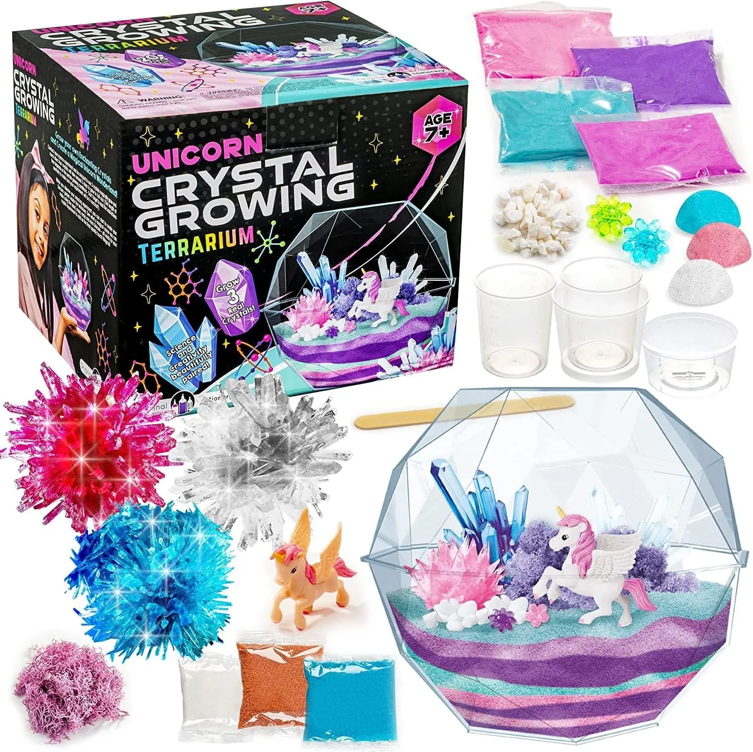 Original Stationery 18-Pieces Unicorn Crystal Growing Kit for Kids 7 and Up, Easy-to-Follow Manual, Grow 3 Crystals and Make a Scene with Unicorn Craft