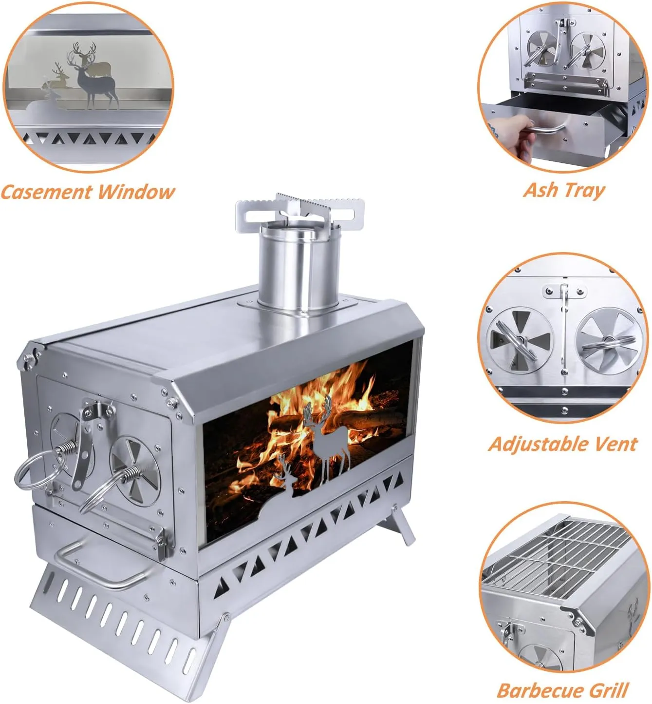 Outdoor Camping Tent Stove Portable Stainless Steel with Chimney Barbecue Net for Outdoor Cooking BBQ Heating & Fishing(Large)