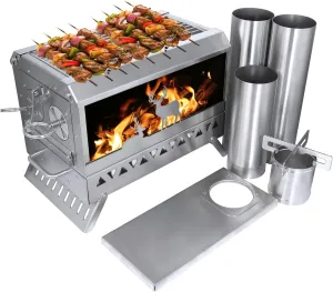 Outdoor Camping Tent Stove Portable Stainless Steel with Chimney Barbecue Net for Outdoor Cooking BBQ Heating & Fishing(Large)