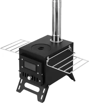 Outdoor Camping Wood Burning Stove Firewood Burner Stainless Steel Foldable Heater with Tent Fire Window Patio Fireplace (Color : Black-b1)