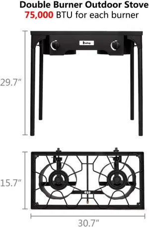 Outdoor Furnace Double Burner Camping Cooking Stove Propane Gas Cooker with Adjustable 0-20Psi Regulator & Steel Braided Hose Perfect for Home Brewing, Cooking Burner