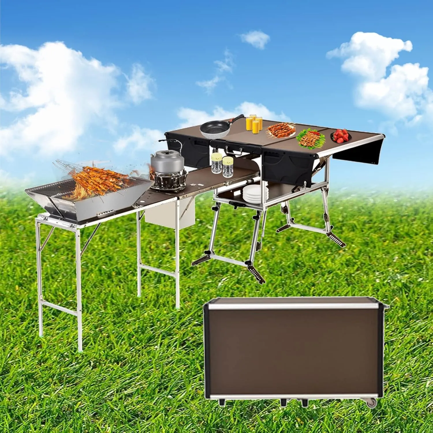 Outdoor Master Cook Station Aluminum Camping Table,Easy Carry Picnic Folding Table with kitchenware and Stove for RV BBQ Cooking Outdoor (Color : Package 4)