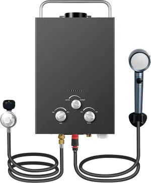 Outdoor Tankless Propane Water Heater 1.58GPM 6L Portable Gas Water Heater with Handle & Overheating Protection, Instant Hot Water for Camping RV Cabin Boat Barn - Black