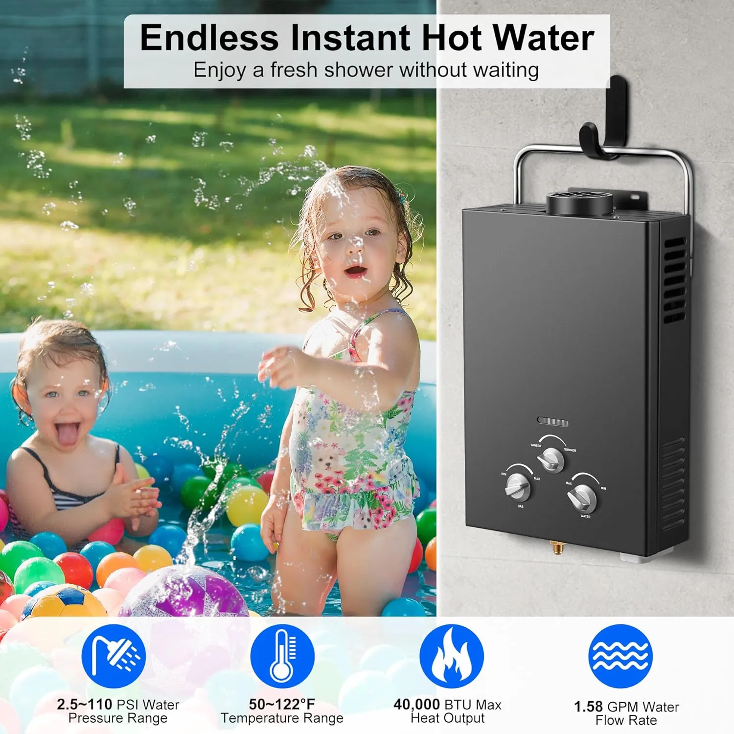 Outdoor Tankless Propane Water Heater 1.58GPM 6L Portable Gas Water Heater with Handle & Overheating Protection, Instant Hot Water for Camping RV Cabin Boat Barn - Black