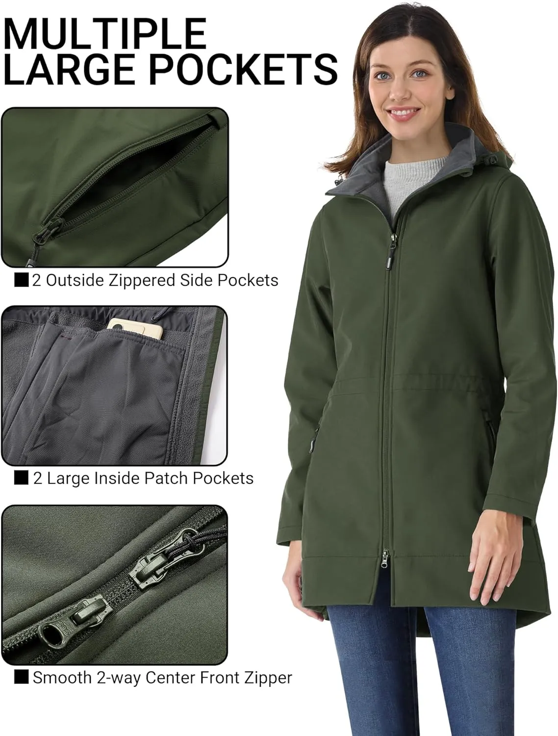 Outdoor Ventures Women's Softshell Jacket with Removable Hood Fleece Lined Windbreaker Insulated Long Warm Rain Jacket