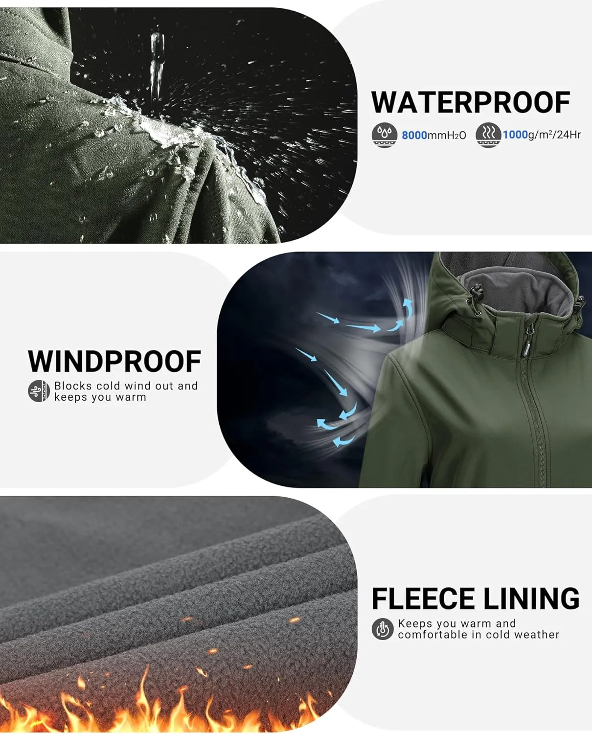 Outdoor Ventures Women's Softshell Jacket with Removable Hood Fleece Lined Windbreaker Insulated Long Warm Rain Jacket