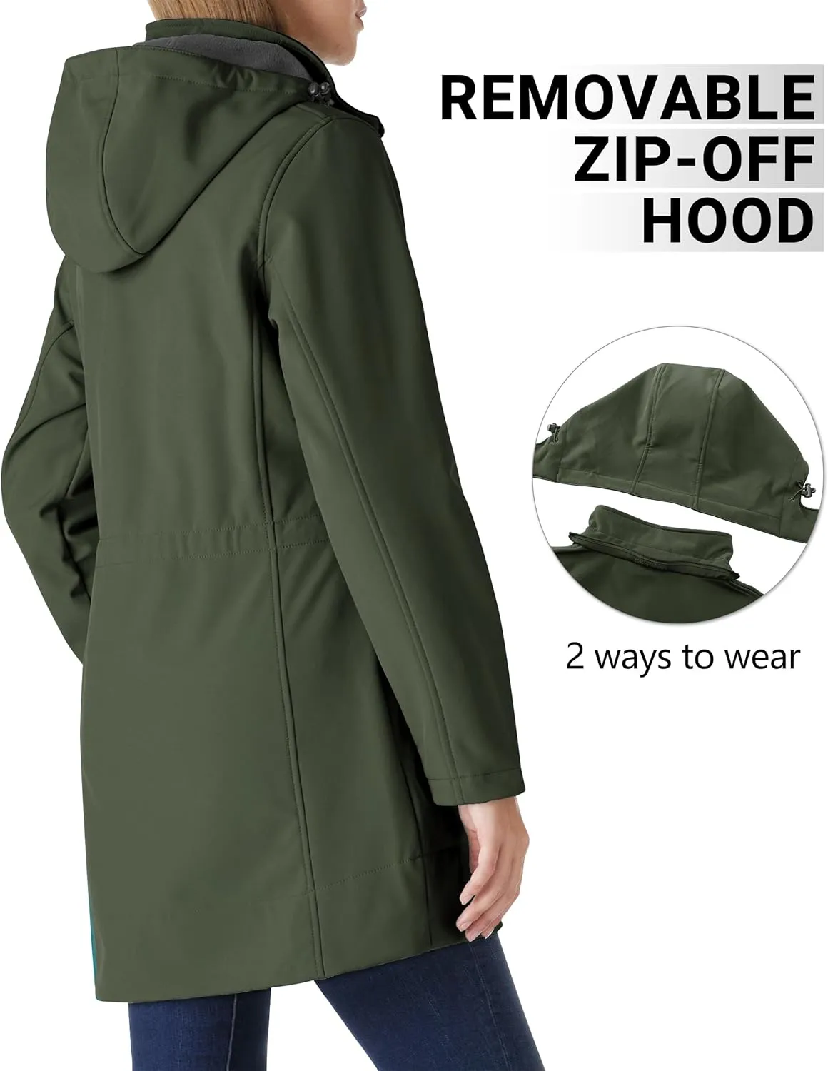 Outdoor Ventures Women's Softshell Jacket with Removable Hood Fleece Lined Windbreaker Insulated Long Warm Rain Jacket
