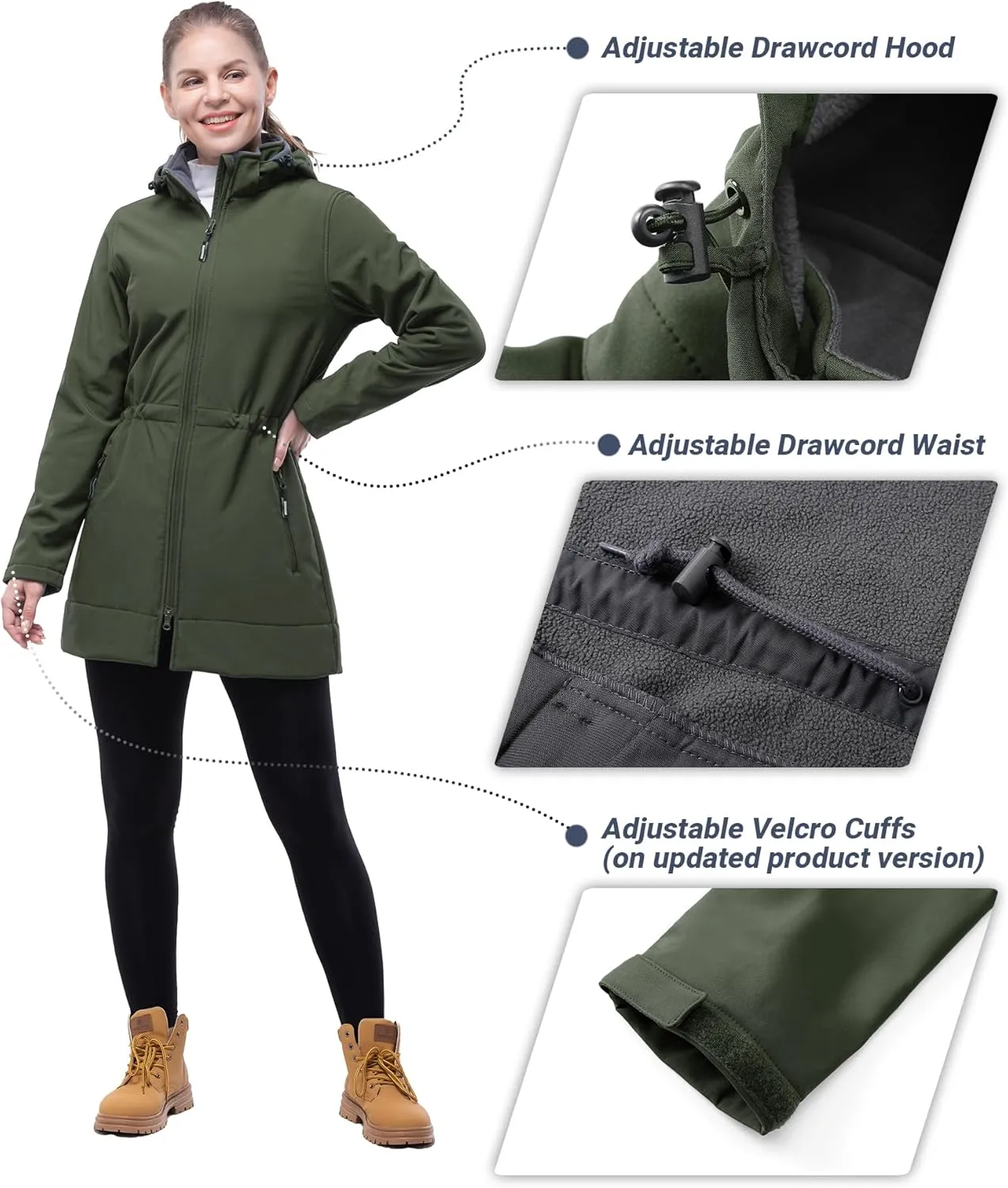 Outdoor Ventures Women's Softshell Jacket with Removable Hood Fleece Lined Windbreaker Insulated Long Warm Rain Jacket