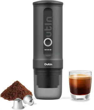 OutIn Nano Portable Electric Espresso Machine, Travel Coffee Maker for Camping, Car Coffee Maker Self-Heating with USB-C, With Ground Coffee & NS Capsule for RV, Hiking, Office