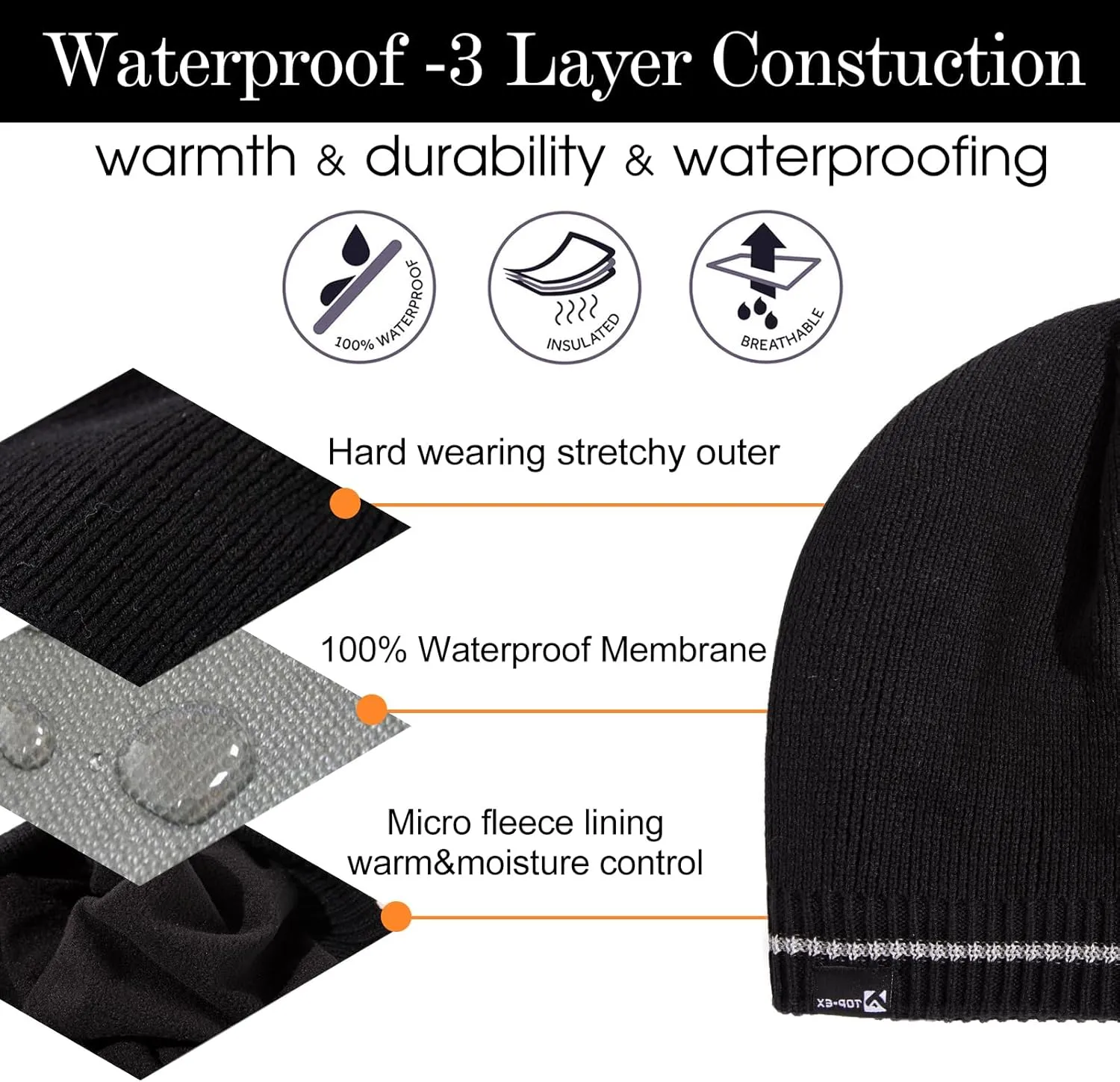 Oversized L/XL/XXL Waterproof Merino Wool Blend Beanie Fleece Lined Knit Hat for All-Weather Winter Warm