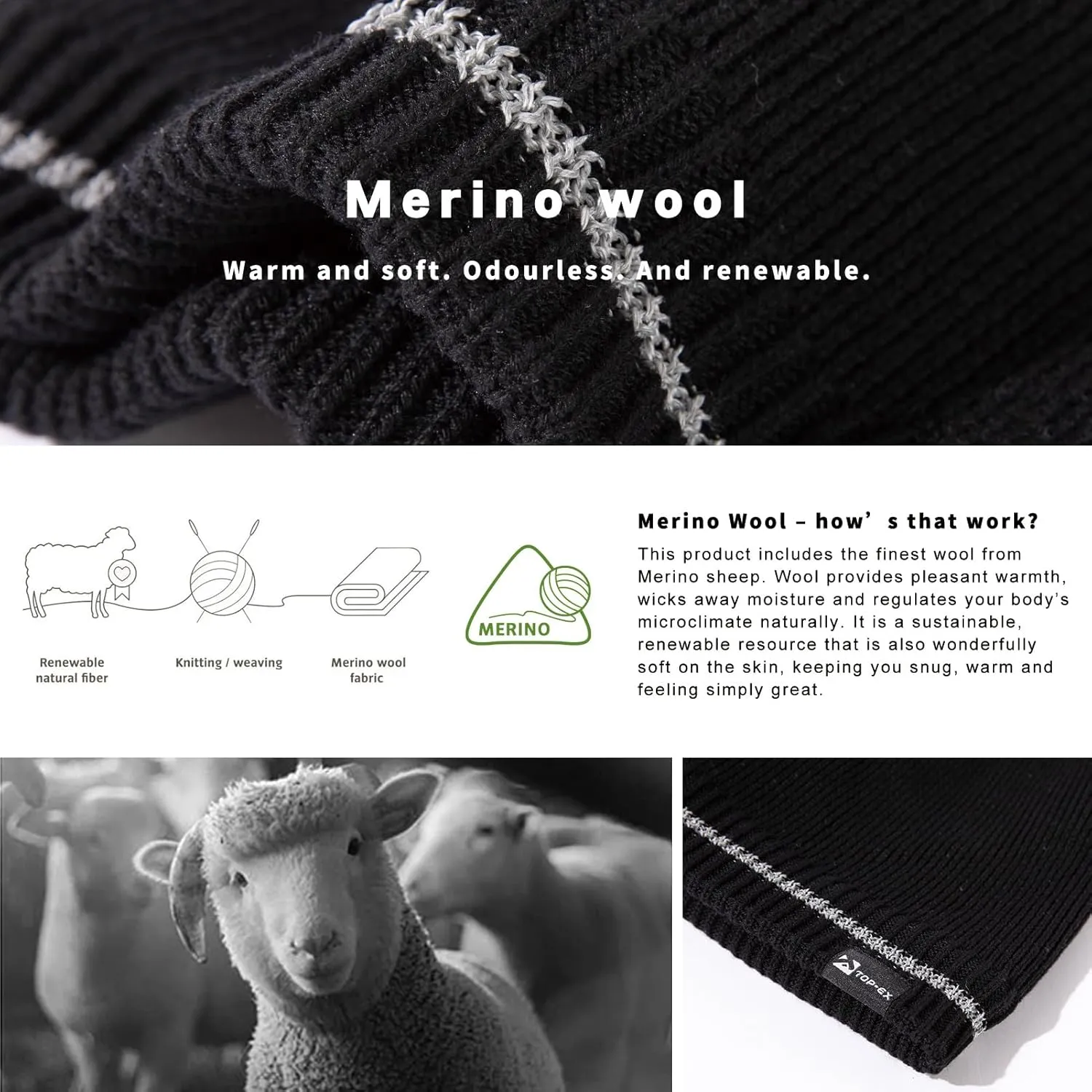 Oversized L/XL/XXL Waterproof Merino Wool Blend Beanie Fleece Lined Knit Hat for All-Weather Winter Warm
