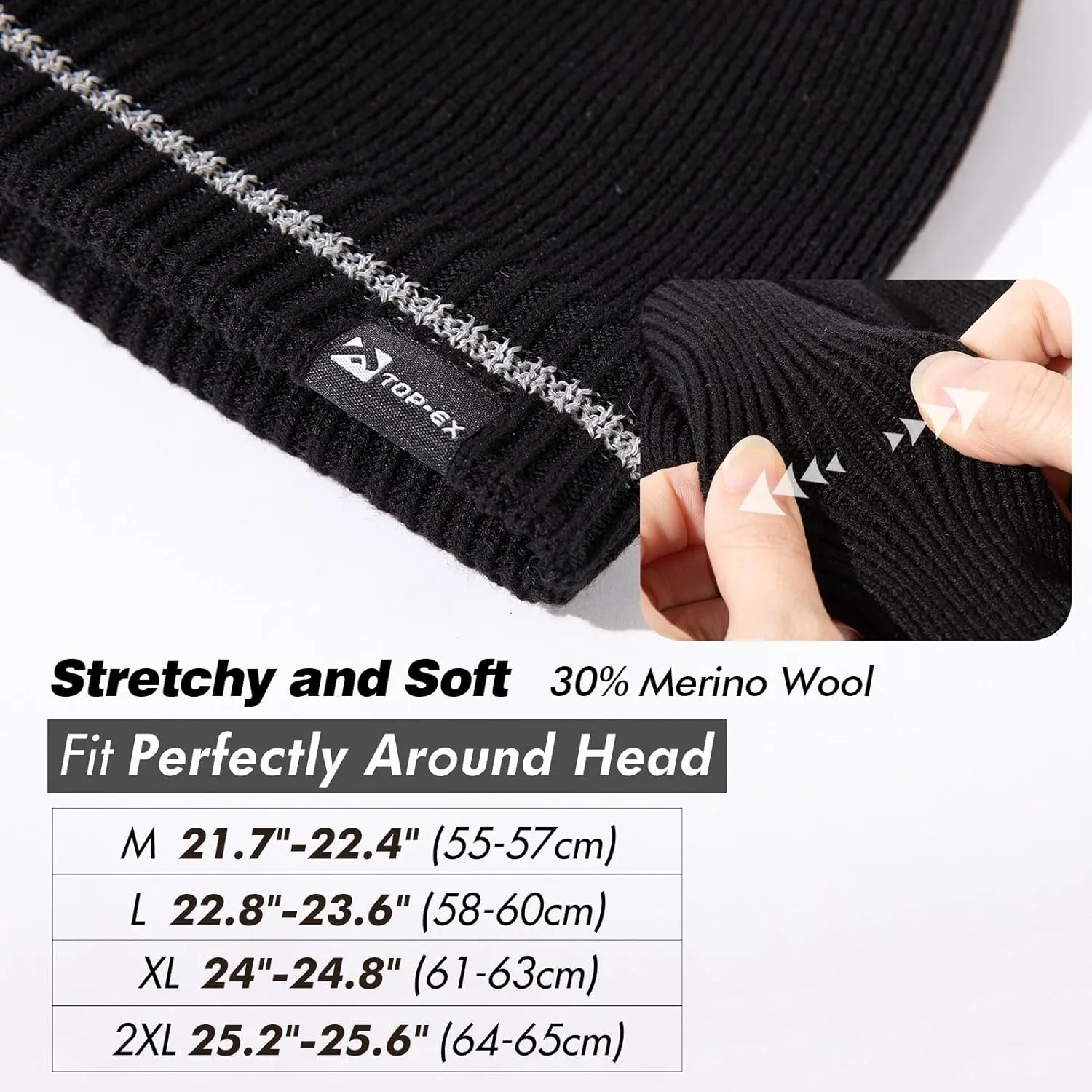 Oversized L/XL/XXL Waterproof Merino Wool Blend Beanie Fleece Lined Knit Hat for All-Weather Winter Warm