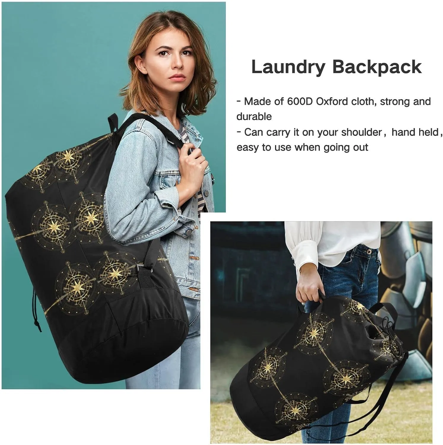 Oyihfvs Magic Ancient Wind Rose Magic Navigation Gold Compass Backpack Laundry Bag, Laundry Backpack with Shoulder Straps, Waterproof Nylon Clothes Hamper Bag for Men Women Yoga Backpack