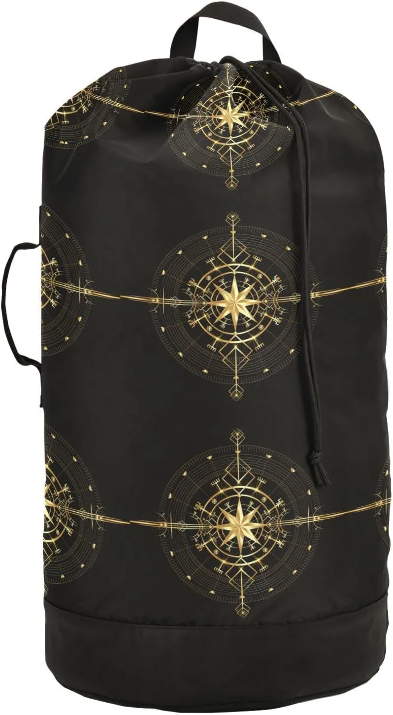 Oyihfvs Magic Ancient Wind Rose Magic Navigation Gold Compass Backpack Laundry Bag, Laundry Backpack with Shoulder Straps, Waterproof Nylon Clothes Hamper Bag for Men Women Yoga Backpack