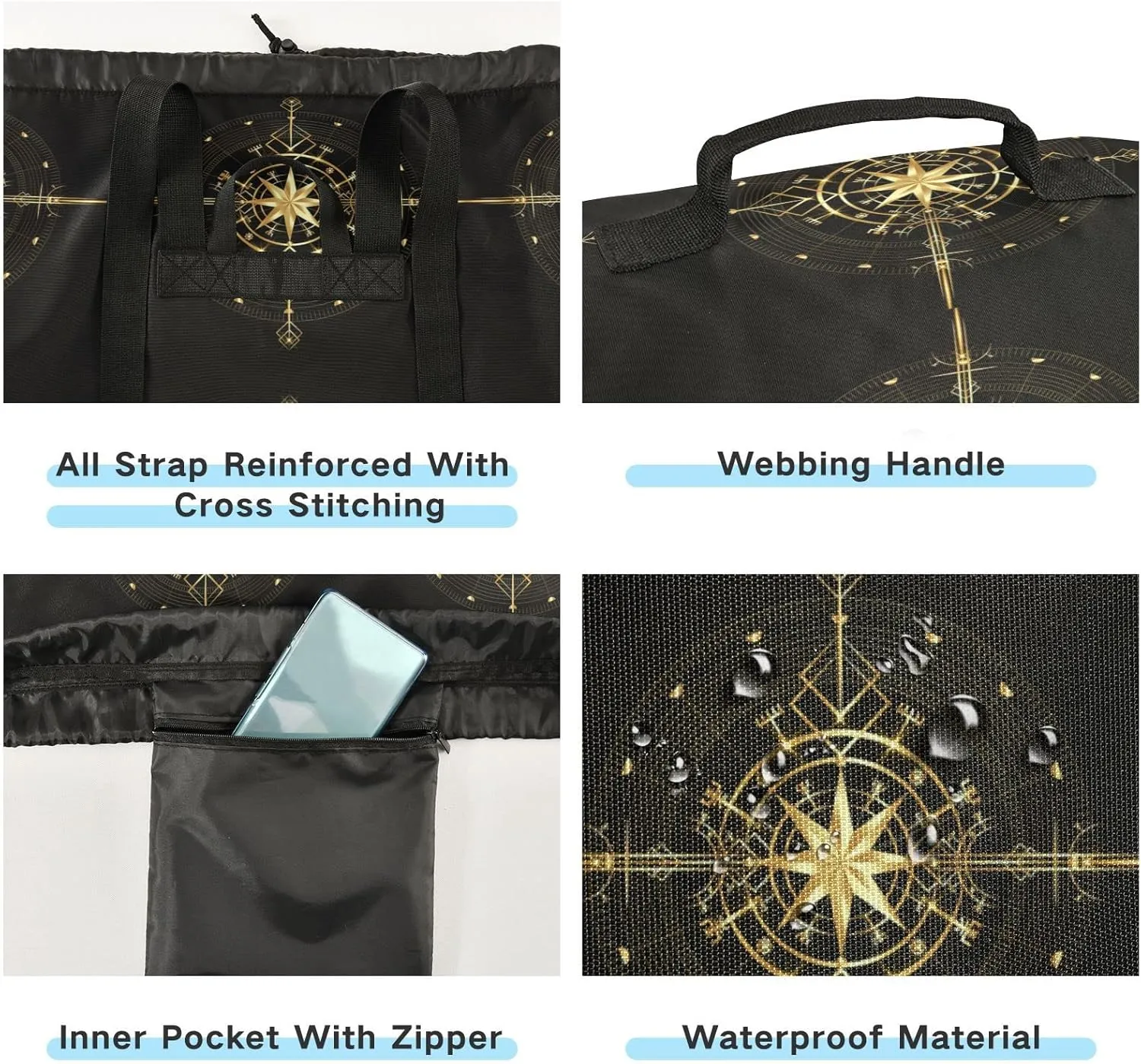 Oyihfvs Magic Ancient Wind Rose Magic Navigation Gold Compass Backpack Laundry Bag, Laundry Backpack with Shoulder Straps, Waterproof Nylon Clothes Hamper Bag for Men Women Yoga Backpack