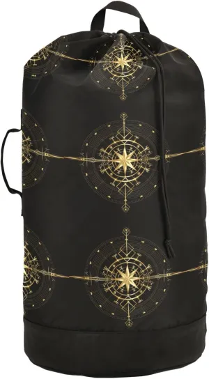 Oyihfvs Magic Ancient Wind Rose Magic Navigation Gold Compass Backpack Laundry Bag, Laundry Backpack with Shoulder Straps, Waterproof Nylon Clothes Hamper Bag for Men Women Yoga Backpack