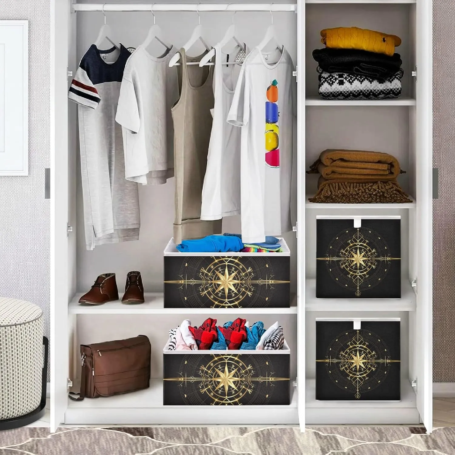 Oyihfvs Magic Ancient Wind Rose Magic Navigation Gold Compass Square Foldable Cube Storage Basket Collapsible Fabric with Handles Bag Organizer Clothes for Home Bedroom 11 x 11 x 11 in