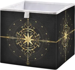 Oyihfvs Magic Ancient Wind Rose Magic Navigation Gold Compass Square Foldable Cube Storage Basket Collapsible Fabric with Handles Bag Organizer Clothes for Home Bedroom 11 x 11 x 11 in
