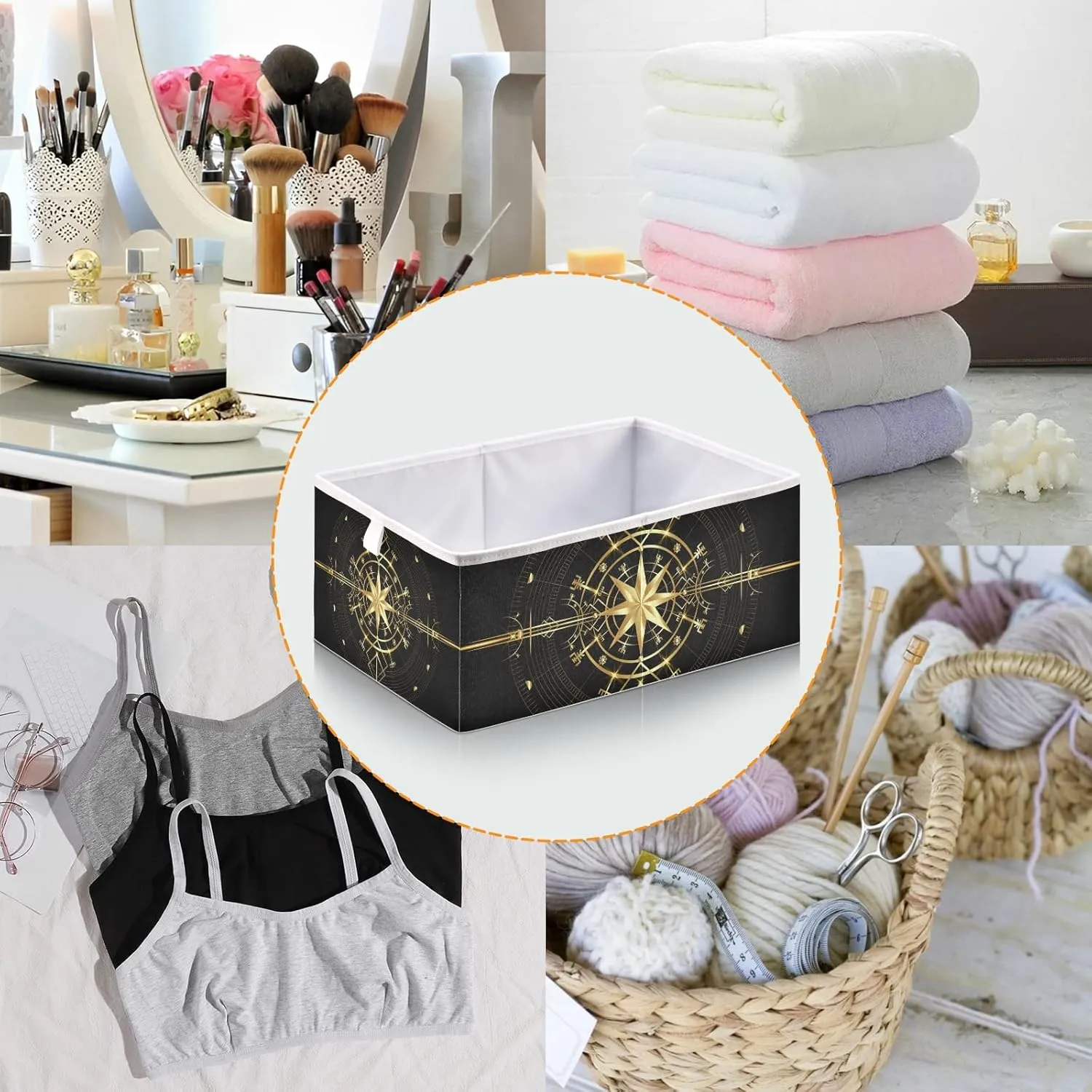 Oyihfvs Magic Ancient Wind Rose Magic Navigation Gold Compass Square Foldable Cube Storage Basket Collapsible Fabric with Handles Bag Organizer Clothes for Home Bedroom 11 x 11 x 11 in