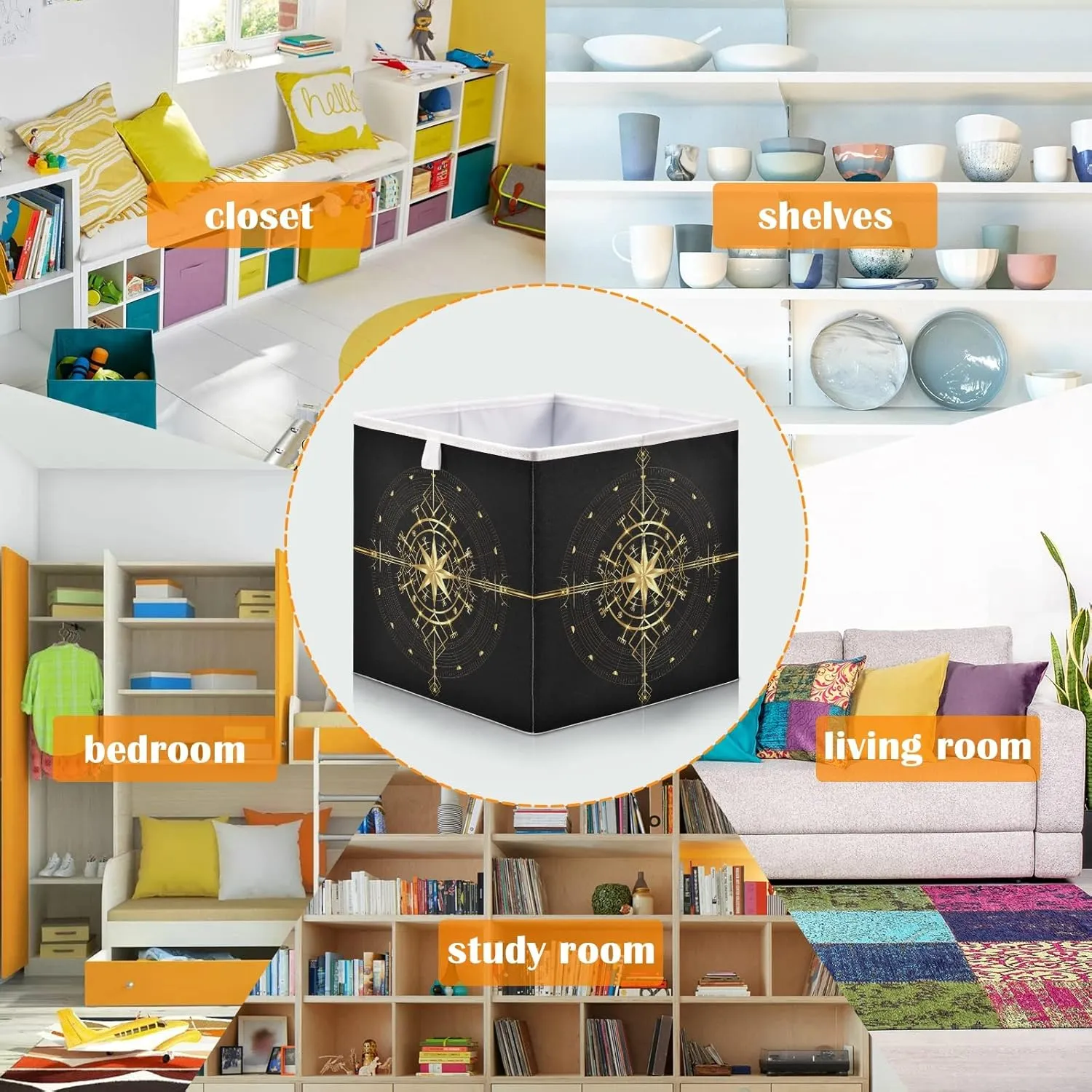 Oyihfvs Magic Ancient Wind Rose Magic Navigation Gold Compass Square Foldable Cube Storage Basket Collapsible Fabric with Handles Bag Organizer Clothes for Home Bedroom 11 x 11 x 11 in