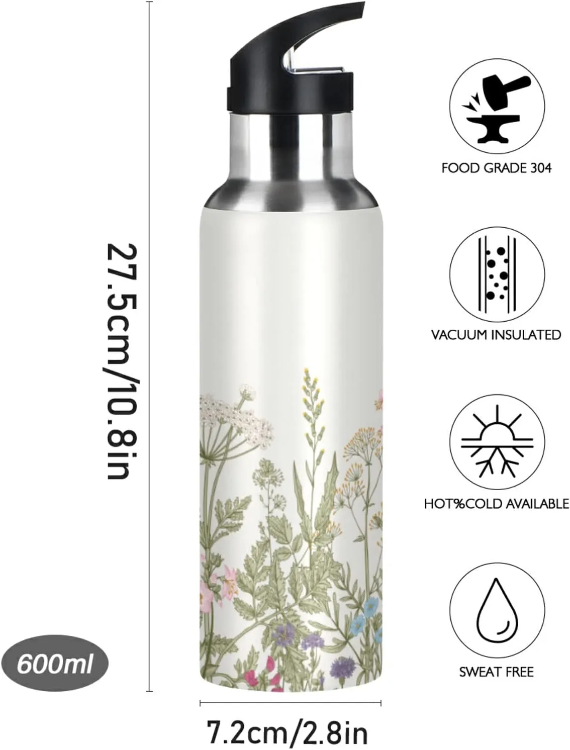 Oyihfvs Sports Stainless Steel Water Bottle 20 Oz, with Straw Lid Vacuum Insulated Leakproof Thermo Flask, Great for Fitness Outdoor