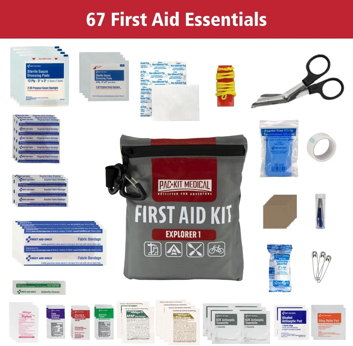 Pac-Kit Watertight Explorer 1 First Aid Kit for Hiking, Camping and Outdoor Activities, 67 Pieces