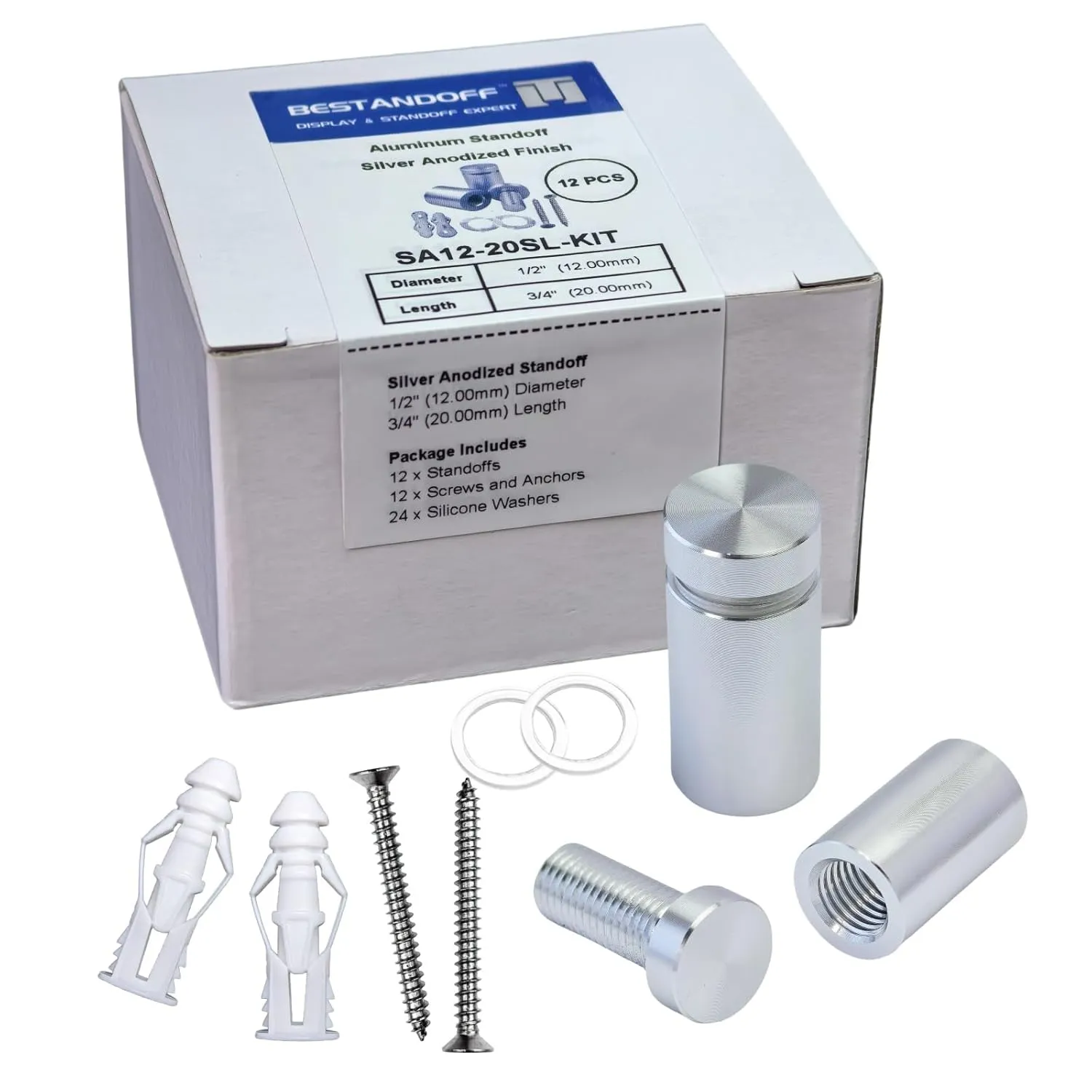 Pack of 12, Aluminum Standoff Screws, Wall Sign Standoff Mounting Hardware Advertising Glass Standoff Nail for Hanging Acrylic Picture Frame (12, Silver, 1/2" x 3/4")