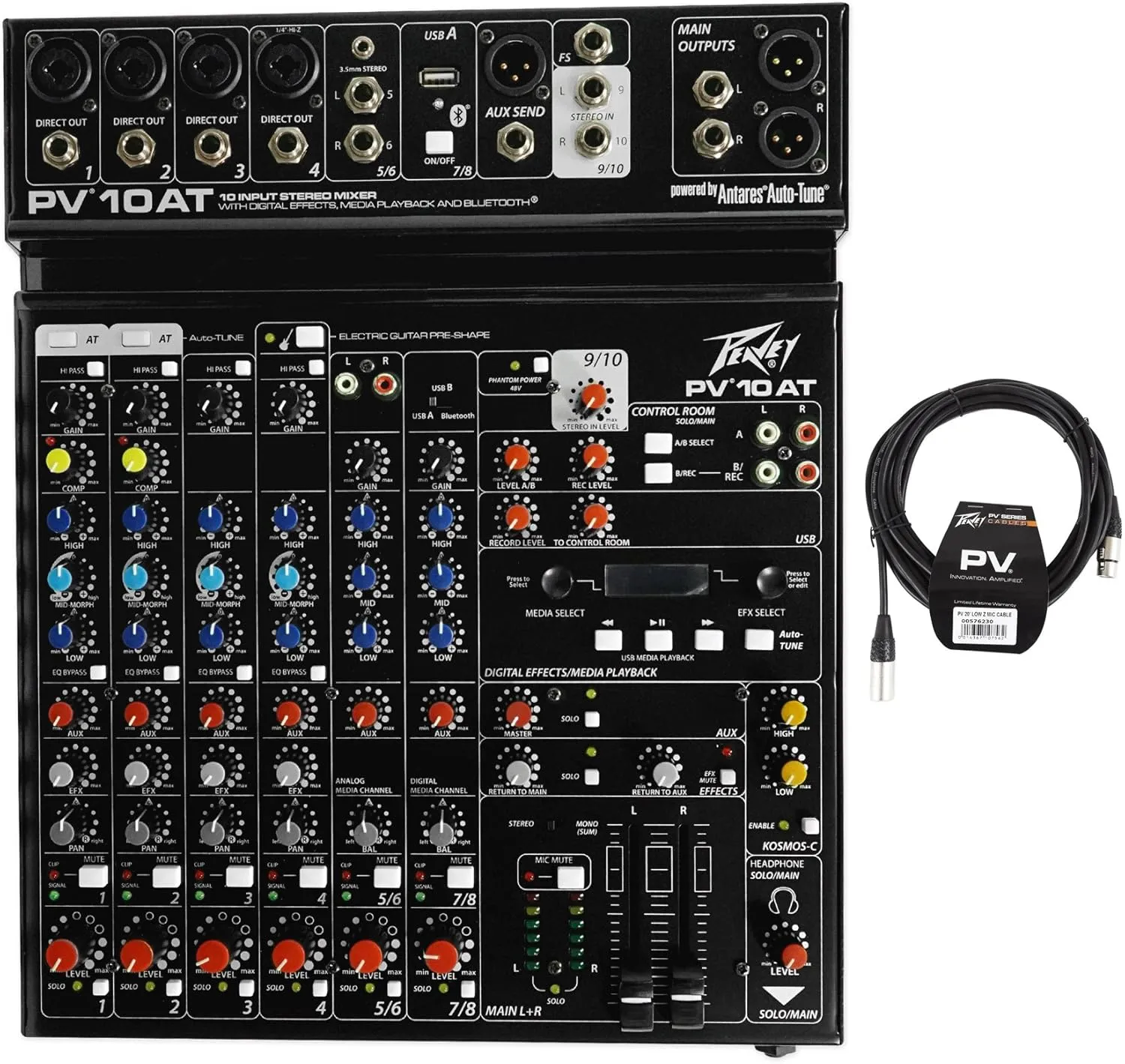 Package: Peavey PV 10AT PV10AT Mixer With 4 Mic In, Bluetooth, USB, Compressor/Effects   2 Channel AutoTune   Peavey PV 20' XLR Female to Male Low Z Mic Cable