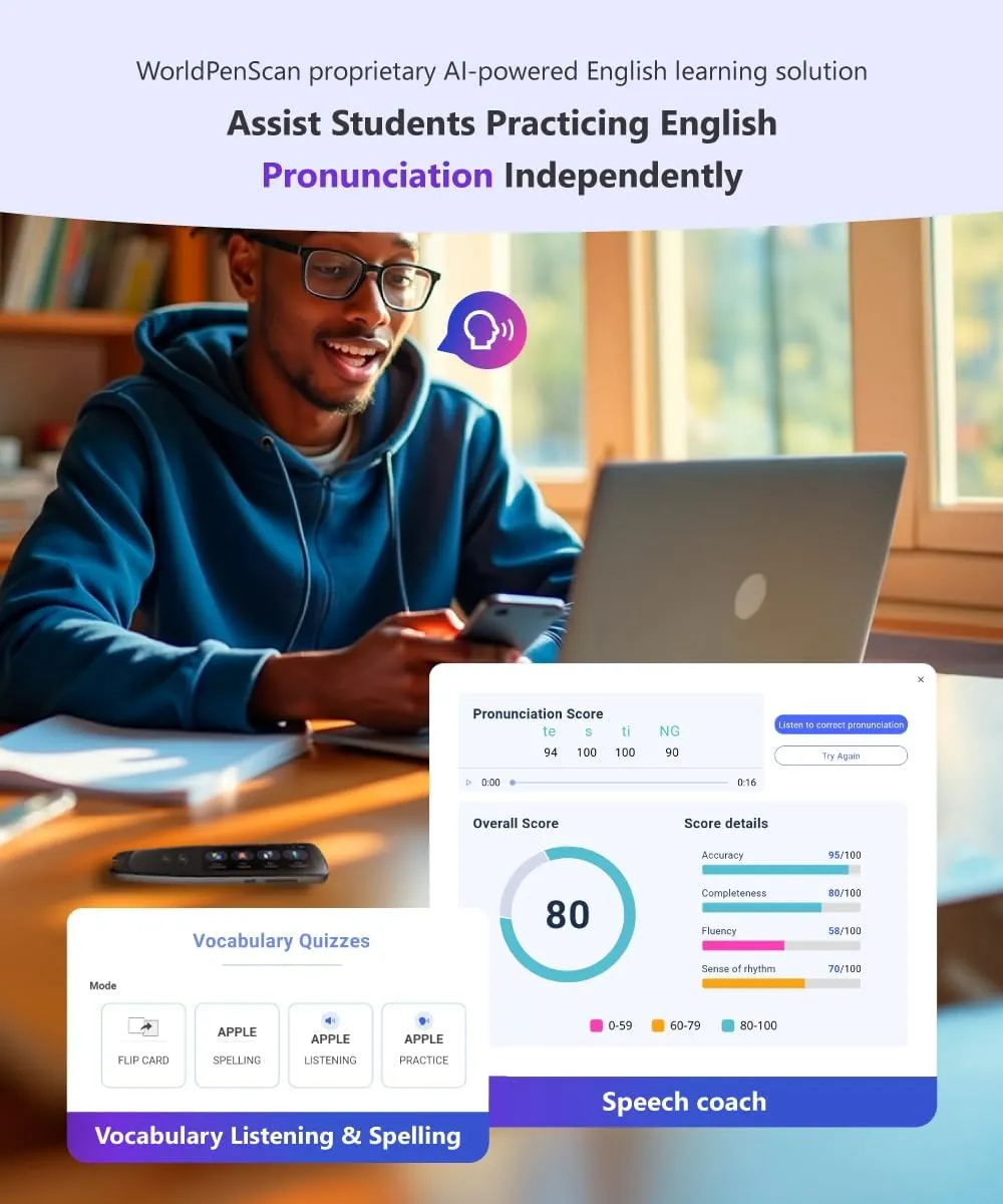 PenPower WorldPenScan Go - Translation Pen with Scanning, Reading, Audio Recording, Live Interpretation, and AI English Learning Platform for Kids & Adults