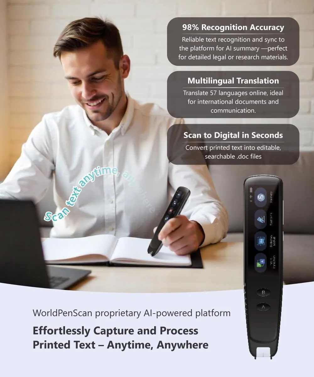 PenPower WorldPenScan Go - Translation Pen with Scanning, Reading, Audio Recording, Live Interpretation, and AI English Learning Platform for Kids & Adults