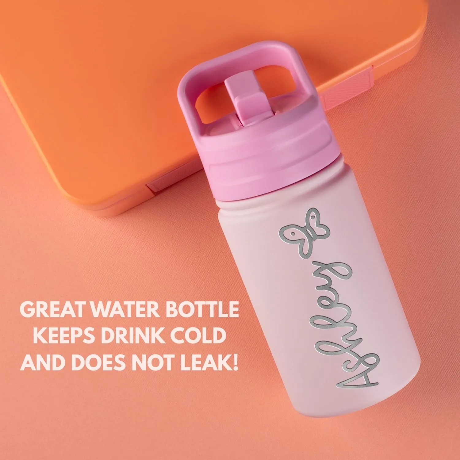 Personalized Kids Water Bottle with Name & Icon - Custom Kids Water Bottle, 12 oz with Leakproof Straw Lid - Back to School, Christmas & Birthday Gift for Boys & Girls, Pink