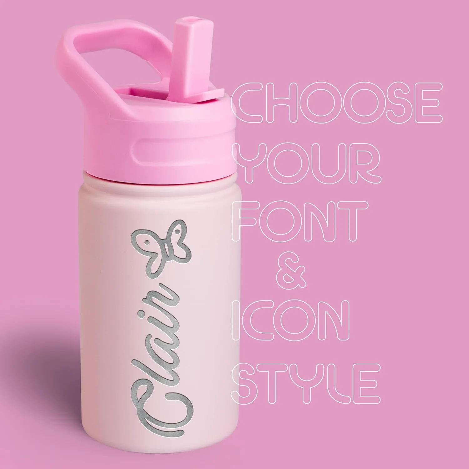 Personalized Kids Water Bottle with Name & Icon - Custom Kids Water Bottle, 12 oz with Leakproof Straw Lid - Back to School, Christmas & Birthday Gift for Boys & Girls, Pink