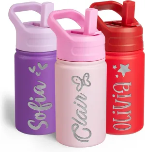 Personalized Kids Water Bottle with Name & Icon - Custom Kids Water Bottle, 12 oz with Leakproof Straw Lid - Back to School, Christmas & Birthday Gift for Boys & Girls, Pink