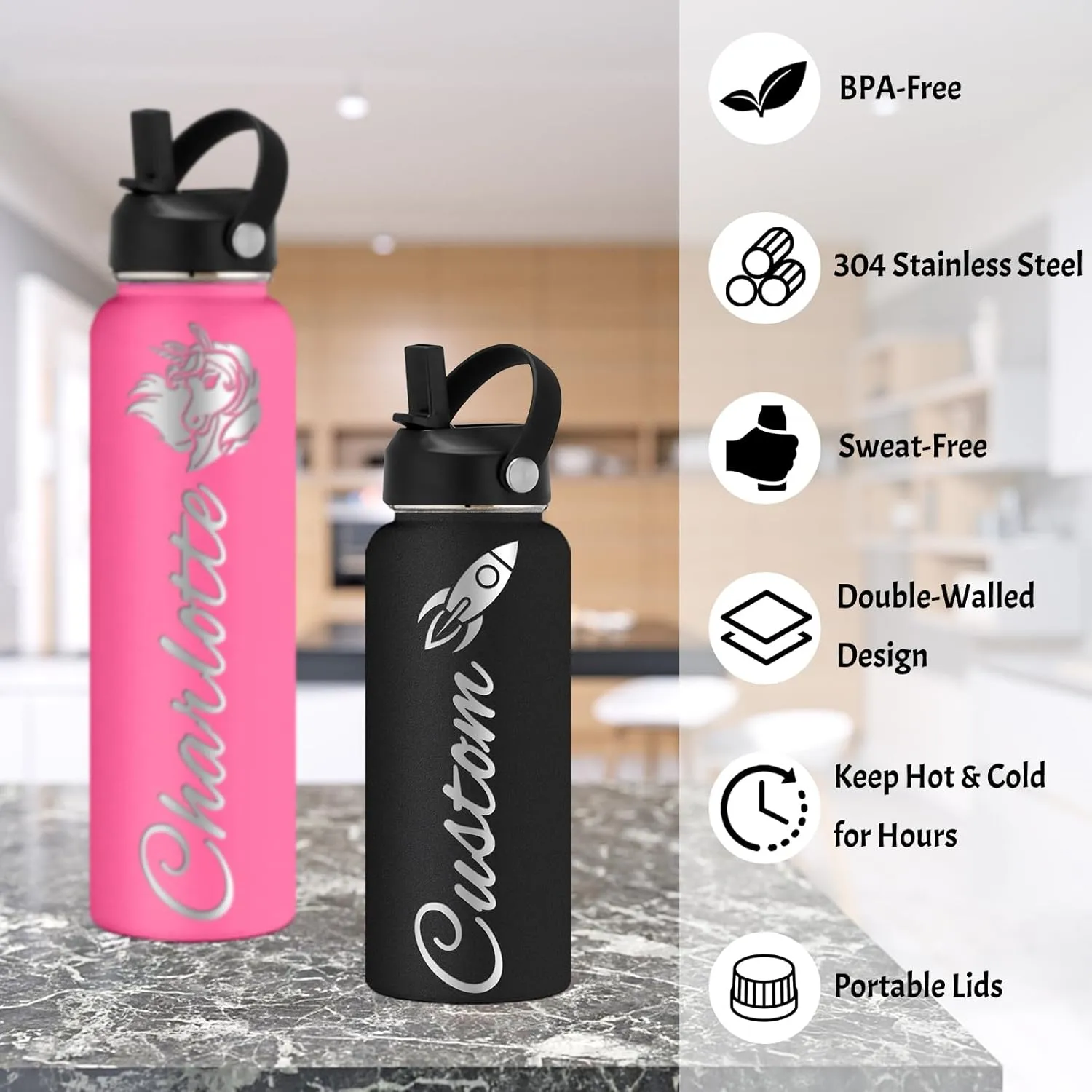 Personalized Water Bottle Custom Insulated Water Bottles with Straw Lid 32oz Customized Engraved Stainless Steel Bottles with Name Logo, Gift for School Sports Outdoor, Blue