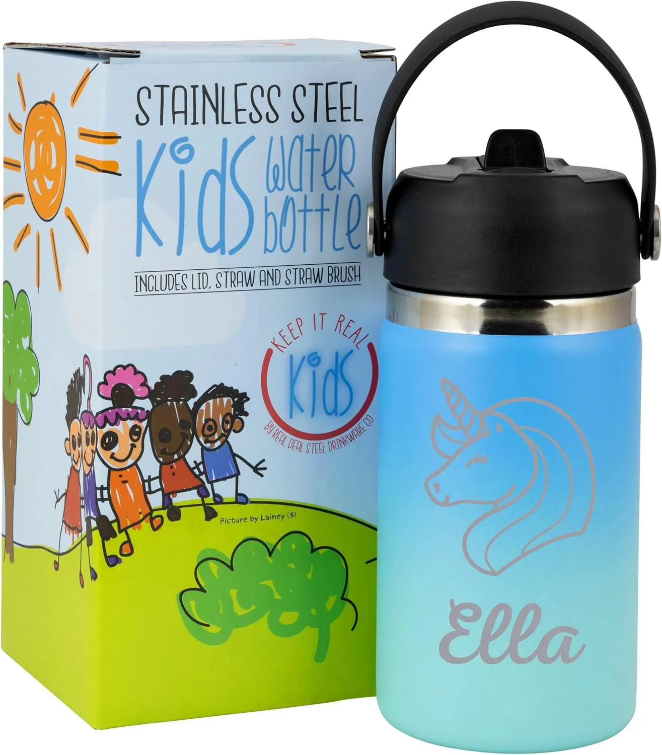 Personalized Water Bottle For Kids - Small 12oz BPA Free Custom Insulated Stainless Steel Bottle for School w/Name for Girl or Boy - w/Reusable Straw (Ocean/Teal Blue)