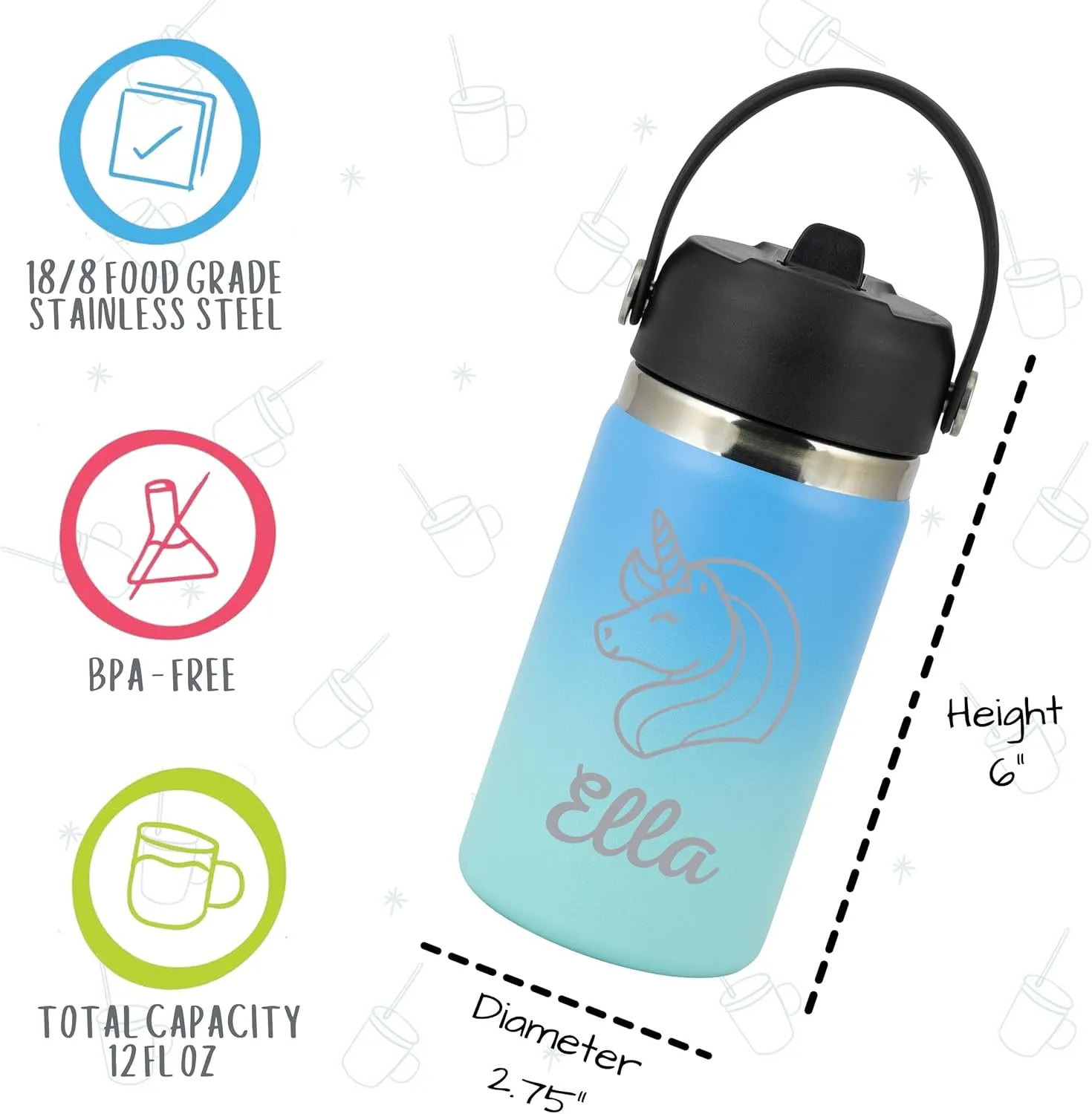 Personalized Water Bottle For Kids - Small 12oz BPA Free Custom Insulated Stainless Steel Bottle for School w/Name for Girl or Boy - w/Reusable Straw (Ocean/Teal Blue)