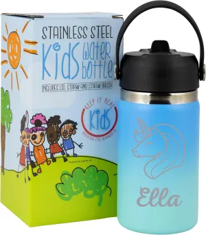 Personalized Water Bottle For Kids - Small 12oz BPA Free Custom Insulated Stainless Steel Bottle for School w/Name for Girl or Boy - w/Reusable Straw (Ocean/Teal Blue)