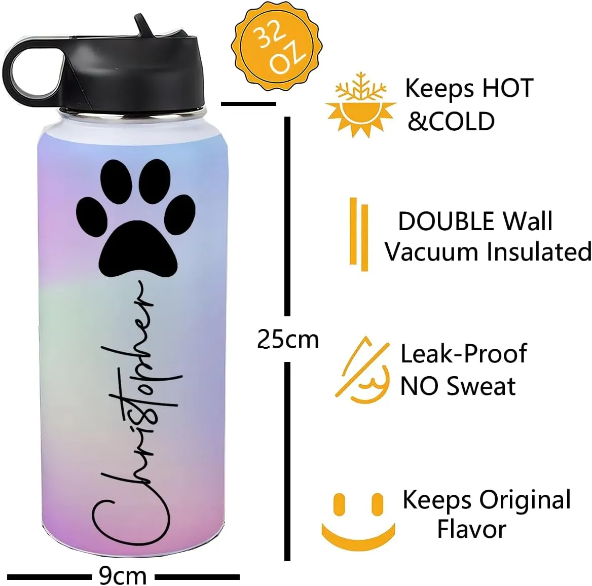 Personalized Water Bottles 32oz with Flip-Top Lid and Straw Customized Vacuum Insulated Flask Stainless Steel Sports Double Wall School Name Water Cups for Boys Girls Gradient