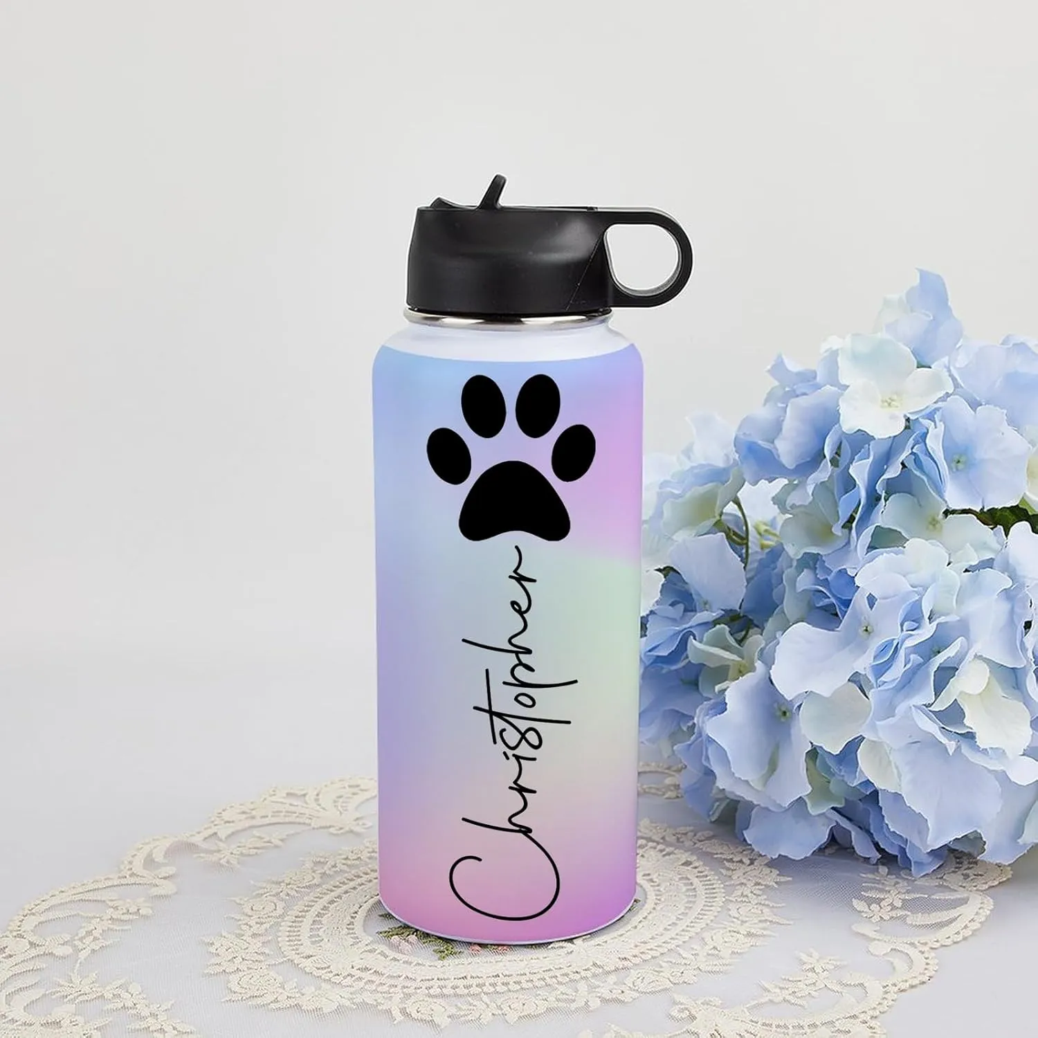 Personalized Water Bottles 32oz with Flip-Top Lid and Straw Customized Vacuum Insulated Flask Stainless Steel Sports Double Wall School Name Water Cups for Boys Girls Gradient