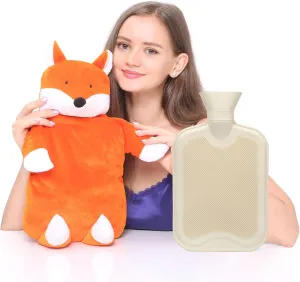 Peterpan 2 Liter Rubber Hot Water Bottle with Animal Cover, Bring a Little Comfort to Your Family This Winter with a Fox Hot Water Bottle, 65 Fl Oz Capacity, Orange