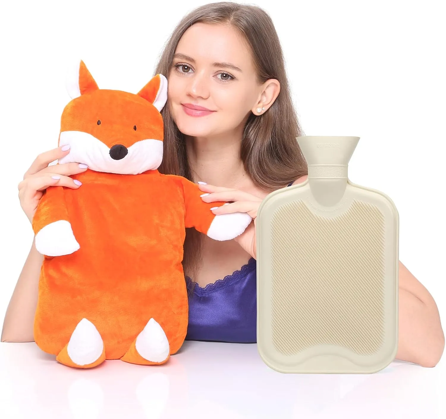 Peterpan 2 Liter Rubber Hot Water Bottle with Animal Cover, Bring a Little Comfort to Your Family This Winter with a Fox Hot Water Bottle, 65 Fl Oz Capacity, Orange