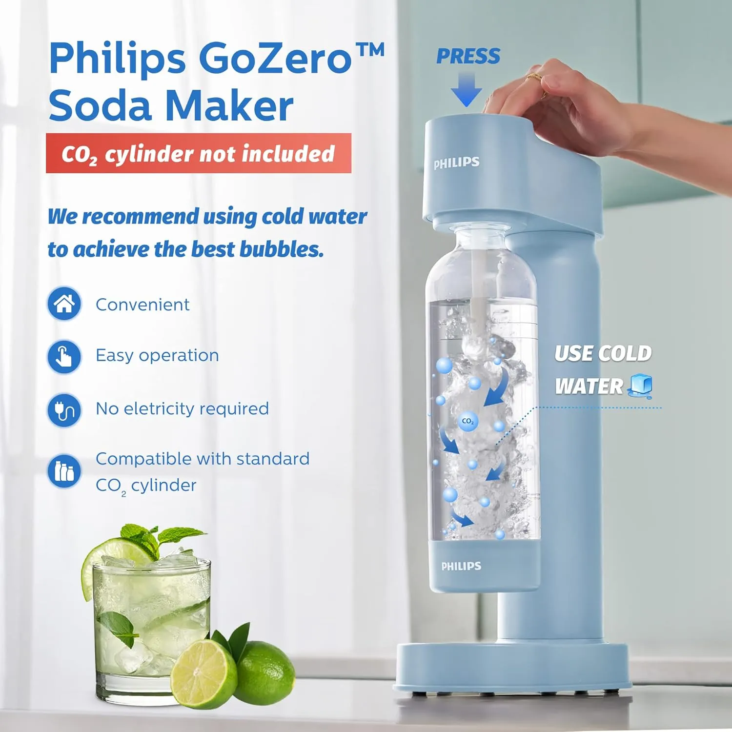 PHILIPS ADD4901BLO/37 Sparkling Water Maker Soda Maker Soda Streaming Machine for Carbonating with 1L Carbonating Bottle, Seltzer Fizzy Water Maker, Compatible with 60L CO2 Carbonator(NOT Included)