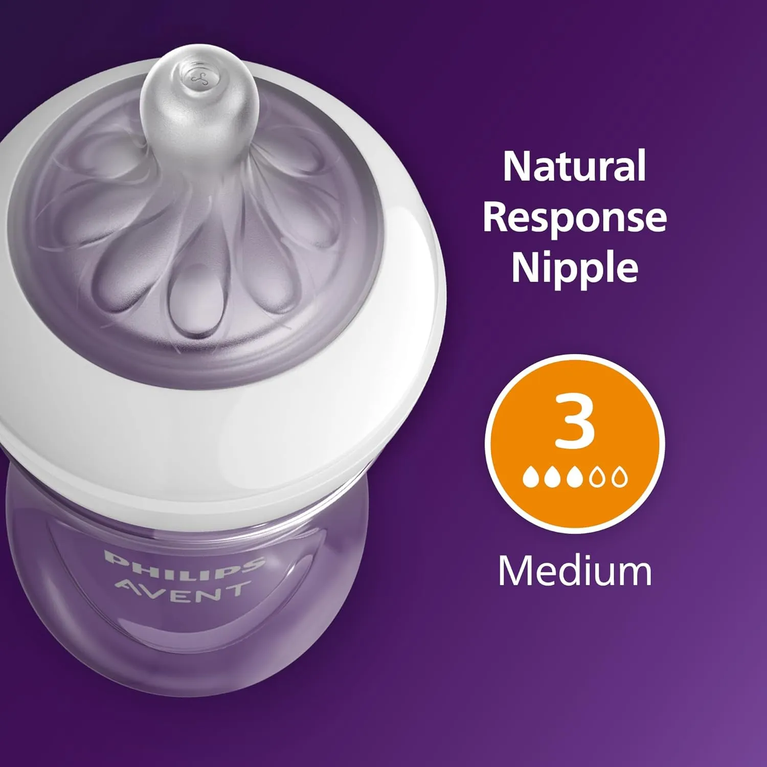 Philips Avent Natural Baby Bottles with Natural Response Nipples (Medium Flow, Flow 3), 9oz, Purple, 4-Pack, SCY903/34