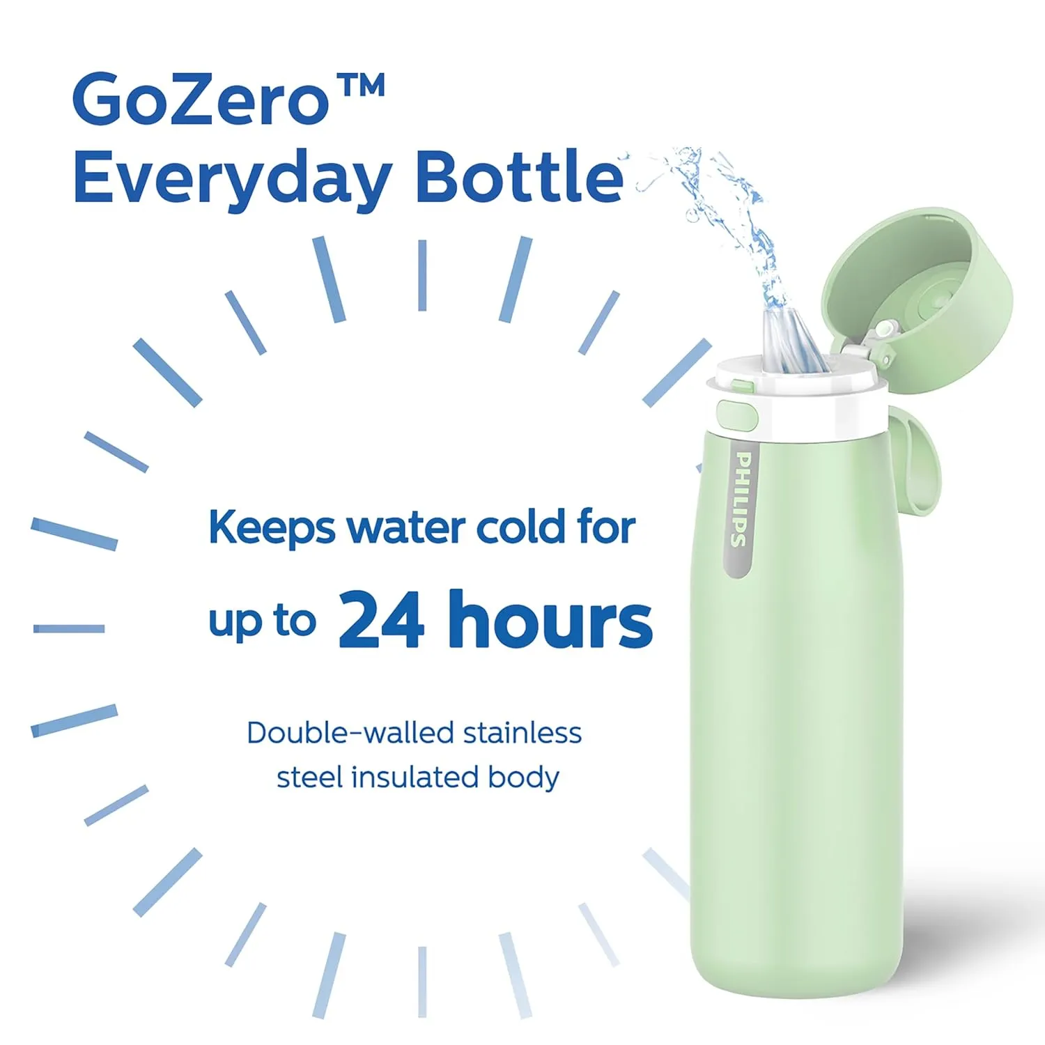 PHILIPS Water Bottle with Filter, Filter Water Bottle Stainless Steel with GoZero Everyday BPA-Free Tap Water Filter, Water Filter Bottle Keep Drink Cold 24 Hours, 1 Filter for 40 gal / 2 Months