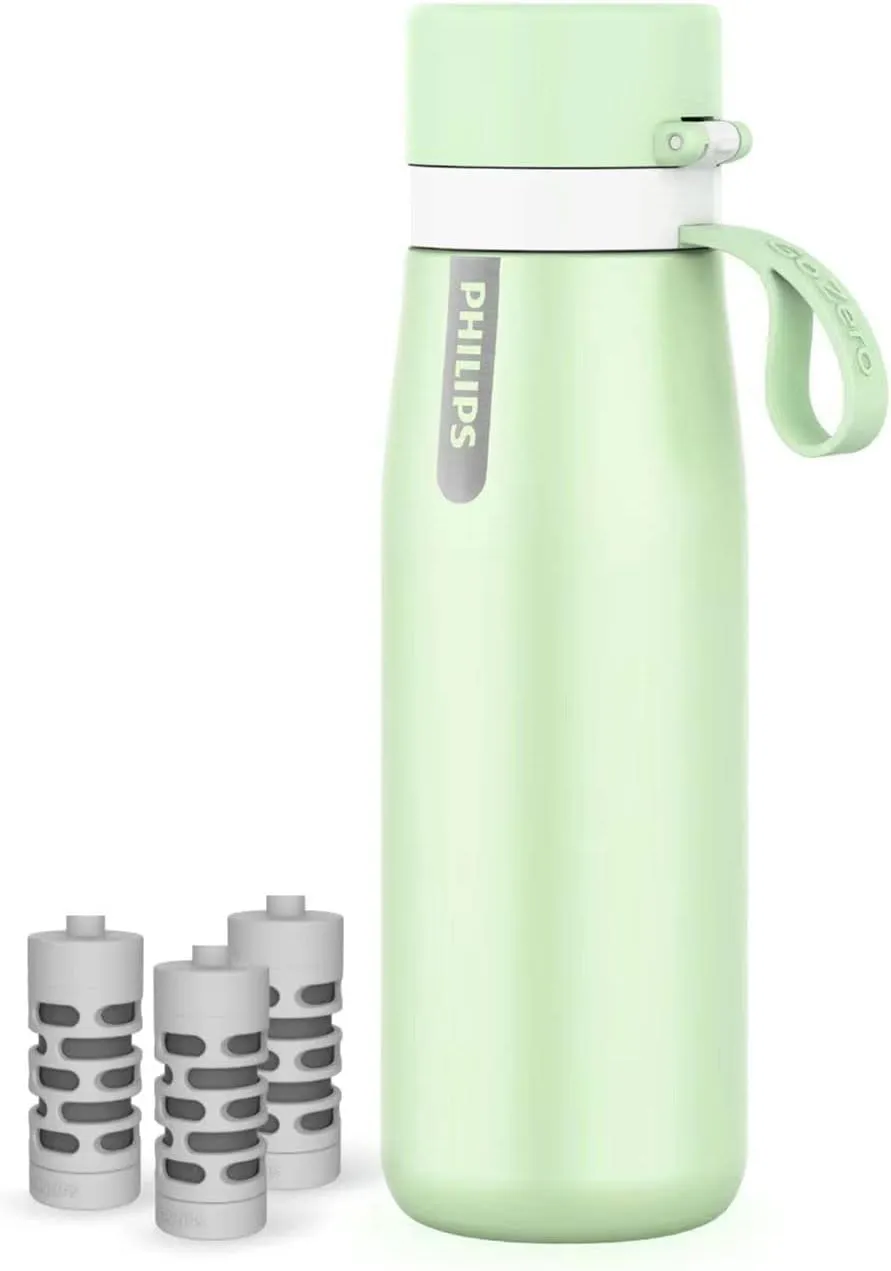 PHILIPS Water Bottle with Filter, Filter Water Bottle Stainless Steel with GoZero Everyday BPA-Free Tap Water Filter, Water Filter Bottle Keep Drink Cold 24 Hours