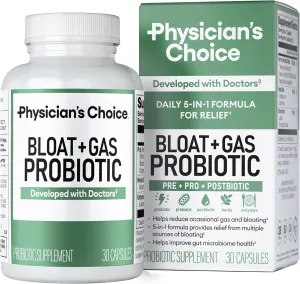 Physician's CHOICE Bloat & Gas Probiotic 5-in-1 Proactive Support   Daily Relief - Digestion & Gut Health- Herbals, Digestive Enzymes, Post & Prebiotics - Gas Relief for Adults - Women & Men - 30ct