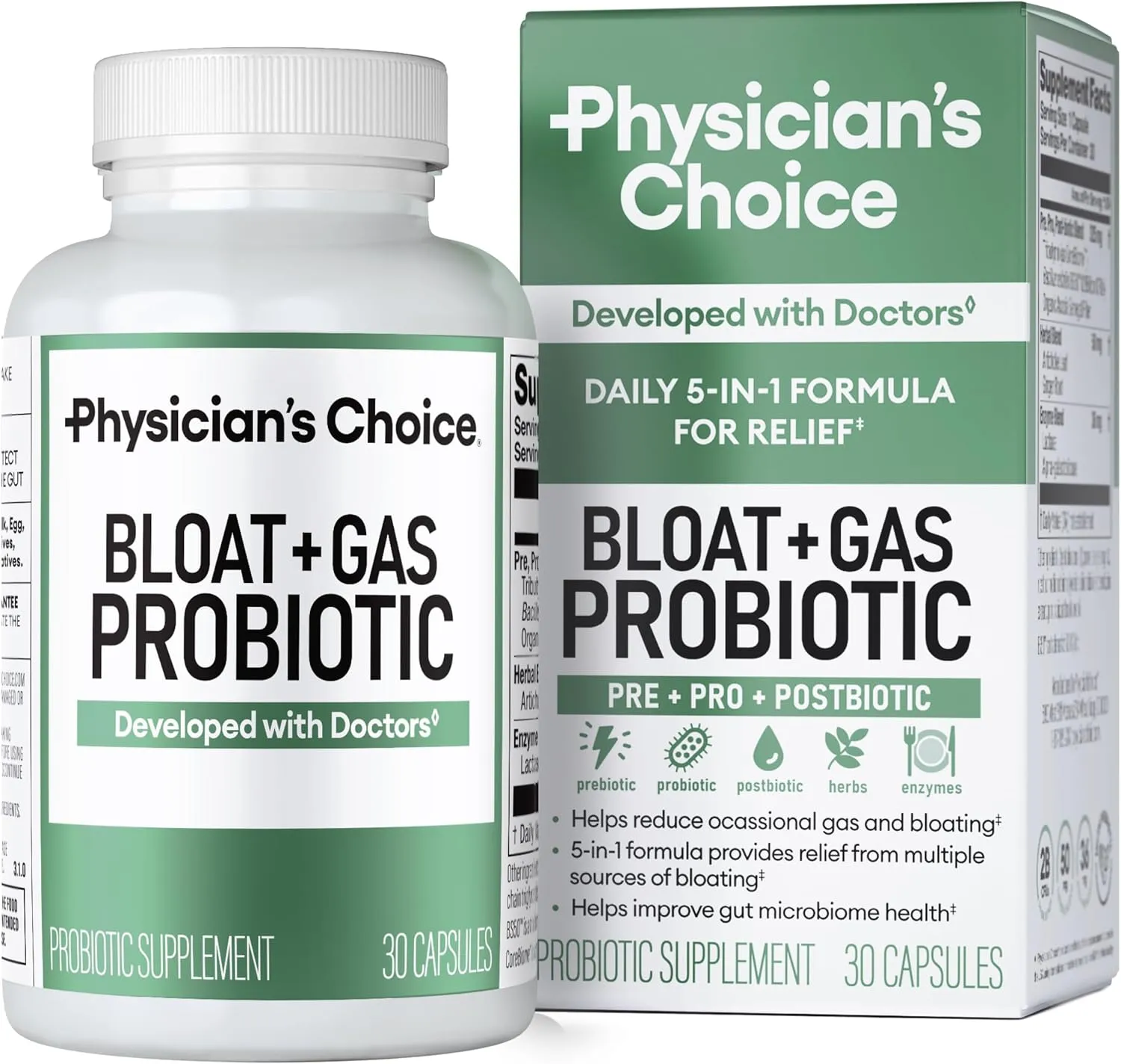 Physician's CHOICE Bloat & Gas Probiotic 5-in-1 Proactive Support   Daily Relief - Digestion & Gut Health- Herbals, Digestive Enzymes, Post & Prebiotics - Gas Relief for Adults - Women & Men - 30ct