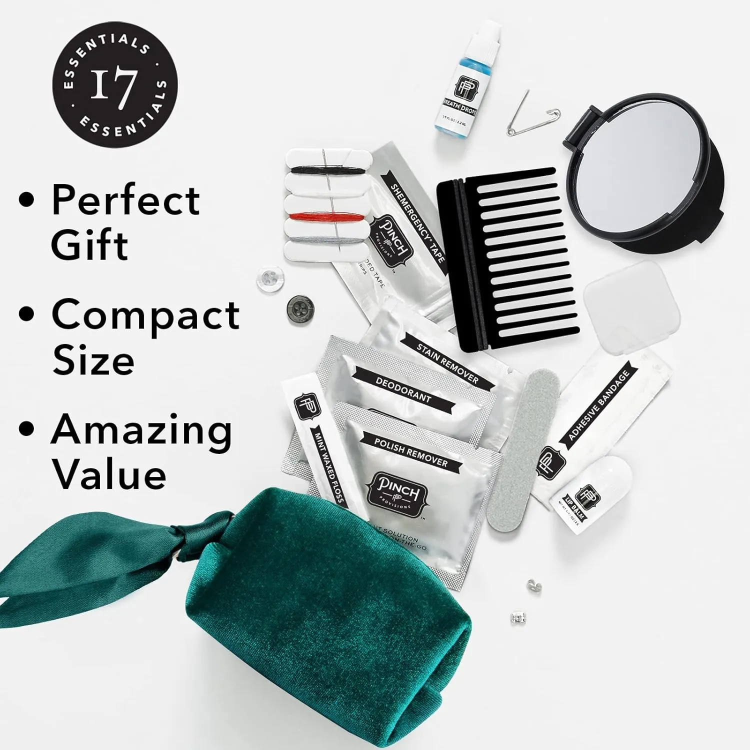Pinch Provisions Velvet Minimergency Kit, for Her, Includes 17 Must-Have Emergency Essential Items, Compact, Multi-Functional Pouch, Gift for Parties and Birthdays